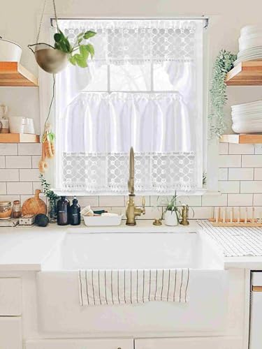 Generic 3-Piece Set Embroidered Window Curtain 2 Panels 1 Valance for Kitchen Restaurant Bar BR (White BR-16) - color: White Br-16