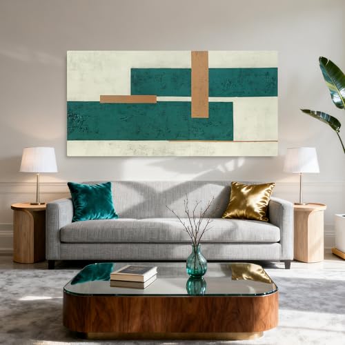 YETHEN WAL Teal Green Abstract Canvas Wall Art Geometric Textured Wall Decor Minimalist Modern Rectangular Art for Living Room Bedroom Office 24x48 Inch - color: Green and Beige, size: 48"L x 24"W