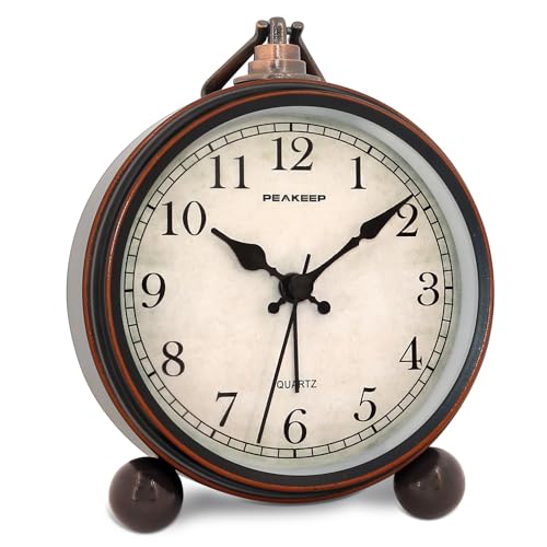 Peakeep 4" Small Battery Operated Analog Alarm Clock, Antique Retro Style - color: Black