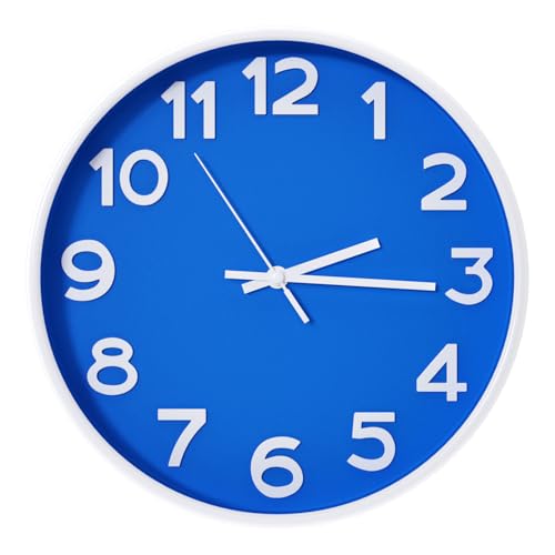 Wall Clock Silent Non-Ticking Battery Operated Indoor Analog Simple Style Modern Quartz Movement 3D Dial Easy to Read Decor for Home/Office/Living Room/Bedroom/Kitchen(Blue-White, 12 inch) - color: Blue-white