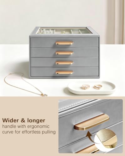 Homeanda Jewelry Boxes Organizer with Glass Lid, 4-Layer PU Leather, Grey - color: Grey, size: 4 Layer