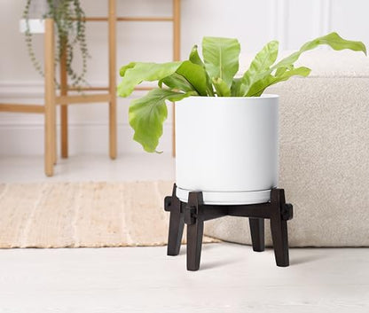 D'vine Dev Ceramic Planter with Wood Stand - 8 Inch Mid Century Modern Cylinder Indoor Plant Pot Set for Indoor Plants & Flowers, White, 55-A-Y-1 - size: 8 inch