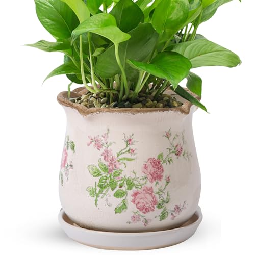 Ceramic-Planters-for-Indoor-Plants with Saucer, 6 inch Vintage Ice Crack Glaze Plant Pots with Drainage Holes, Decorative Flower Pots for Outdoor Garden Home Decor, Tuscan Pot for Plant - color: Vintage Pink Floral