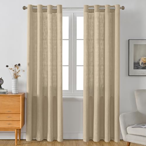 Burlap Linen Farmhouse Curtains 84 inch Length 2 Panels for Living Room Textured Thick Light Filtering Privacy Window Curtain Drapes with Grommet for Bedroom 7ft (52x84 Khaki) - color: Khaki, size: 52"W x 84"L (Pack of 2)