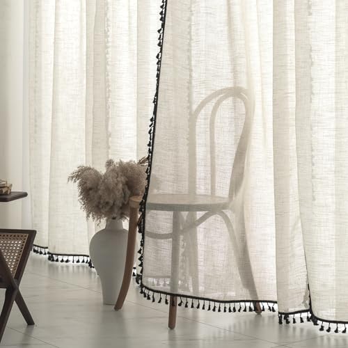 Boho Country Style Curtains, W40 x L96, Black Tassels, 2 Panels - color: Black, size: 40"W x 96"L (Pack of 2)