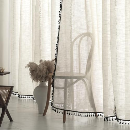 Boho Country Style Curtains, W40 x L96, Black Tassels, 2 Panels - color: Black, size: 40"W x 96"L (Pack of 2)