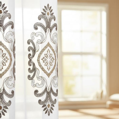 J&V TEXTILES Embroidered Curtain Set, 2 Panel Drapes with Backing & Valance, Medallion Pattern (White) - color: White