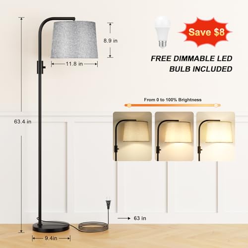 Ambimall Fully Dimmable Floor Lamp with 9W LED Bulb - Standing Lamp for Living Room with Adjustable Head, Modern Tall Light with Rotary Switch for Office, Black and Grey - color: B:Black and Linen Grey