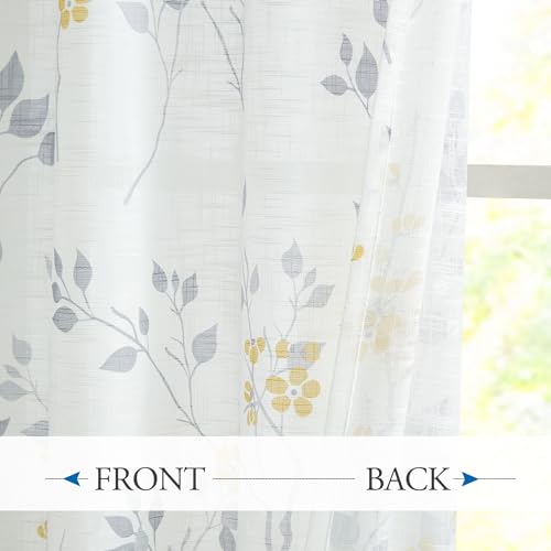 Beauoop Floral Linen Semi Sheer Curtains Living Room Yellow Grey 50x63x2 - color: Grommet | Yellow and Grey, size: 50"W x 63"L (Pack of 2)