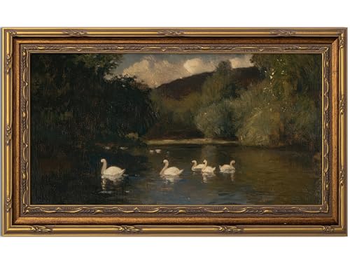 Yuantulan Vintage Swan Lake Landscape Wall Art Antique Gold Framed Print - color: Swan Lake