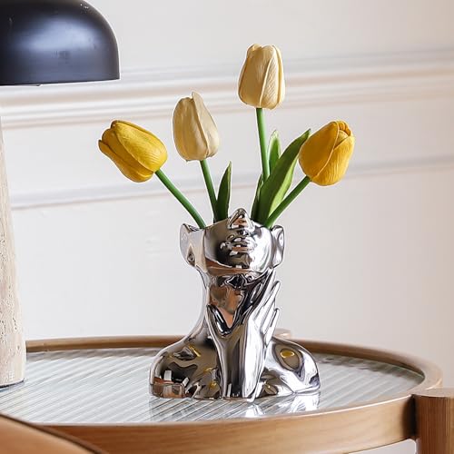 BrownLove Silver Ceramic Face Vase, Modern Silver Decorative Art Vase, Bookshelf Placed On The Desktop, Small Living Room, Office and Bedroom - style: Silver-Charming