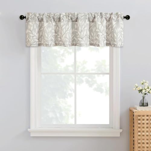 VOGOL Grey Leaf Pattern Window Valance, Country Linen Textured Drapes Short Rod Pocket Decorative Curtain for Kitchen Bathroom Living Room Window, 52 x 14 Inches, 1 Panel - color: Grey, size: 52"W x 14"L (Pack of 1)