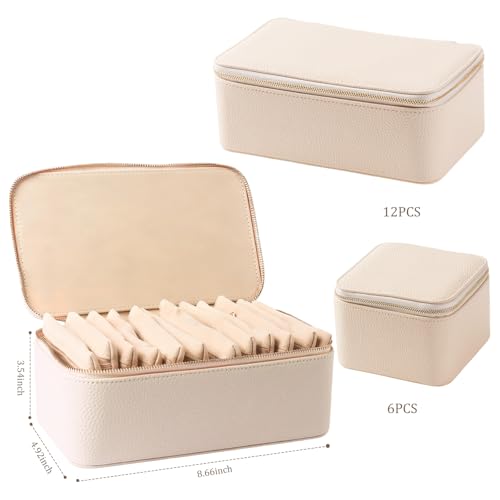 Travel Jewelry Case with 12 Velvet Zipped Pouches Bags, Beige - color: Beige - 12 Pouch
