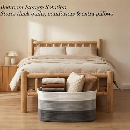 Optish 75L Large Woven Blanket Basket, Storage Basket with Handles - color: White & Grey, size: 22" x 17" x 11.5"(75L)