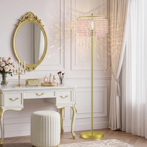 Luvkczc Multicolor Crystal Floor Lamp，64" Tall Elegant Standing Lamp - color: Gold+colorful