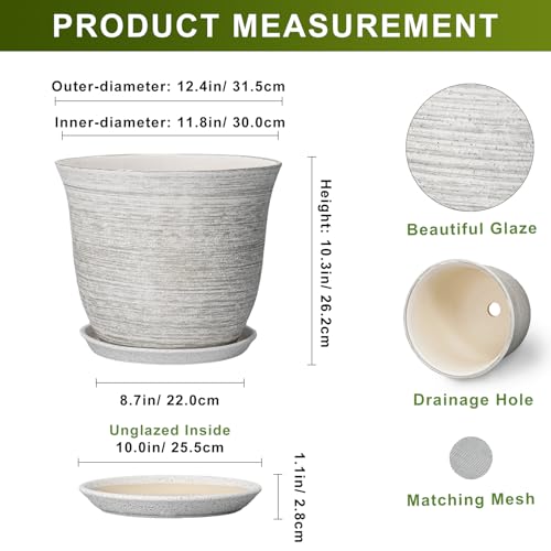 Ceramic Planter, 12 Inch Plant Pot with Drainage and Saucer, Grey - color: Grey-white, size: 12 Inch