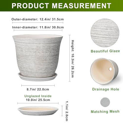 Ceramic Planter, 12 Inch Plant Pot with Drainage and Saucer, Grey - color: Grey-white, size: 12 Inch