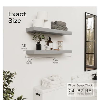 Solid Wood Floating Shelves for Wall 24 inch Grey, Wooden Bathroom Shelf - color: Grey, size: 24 Inch