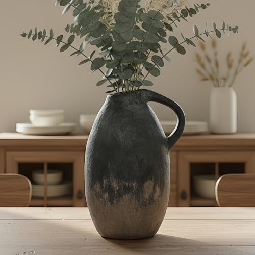 Rustic Ceramic Vase with Handle, 10.3 Inch, Terracotta Decor - color: Black