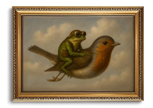 Vintage Gold Framed Wall Art Whimsical Frog Riding Bird Canvas Print - color: Frog Bird, size: 24"L x 16"W
