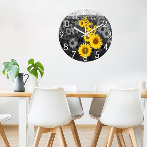 XFM Sunflower Kitchen Glass Wall Clock 14 Inch Silent - color: Yellow1, size: 14 Inch