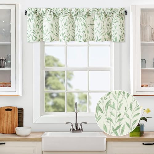 VOGOL Rod Pocket Valances for Living Room, Green Leaf Printed Faux Linen Cafe Curtain, Light Filtering Decorative Kitchen Valance Curtains, 1 Panel, 52 x 14 Inches - color: Green, size: 52"W x 14"L (Pack of 1)