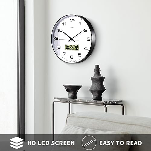TIMESS 14-Inch Non-Ticking Analog Wall Clock with LCD Display, Black - color: Black, size: 14 Inch