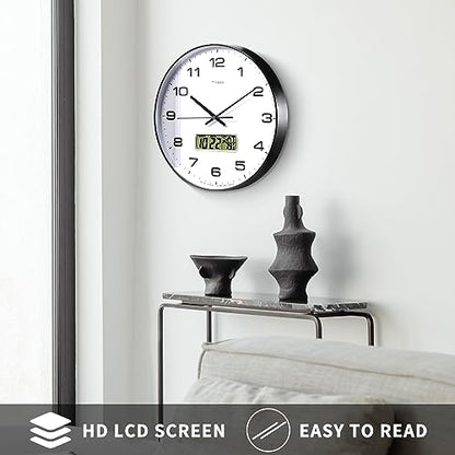 TIMESS 14-Inch Non-Ticking Analog Wall Clock with LCD Display, Black - color: Black, size: 14 Inch
