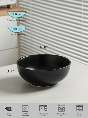 Kanwone Large Serving Bowls - 55 Ounce, Ceramic Salad Bowls, Pasta, Porcelain Soup Bowls, Set of 2, Serving Dishes for Entertaining, Microwave and Dishwasher Safe, Matte Black, Housewarming Gift - color: Matte Black, size: 8 Inch
