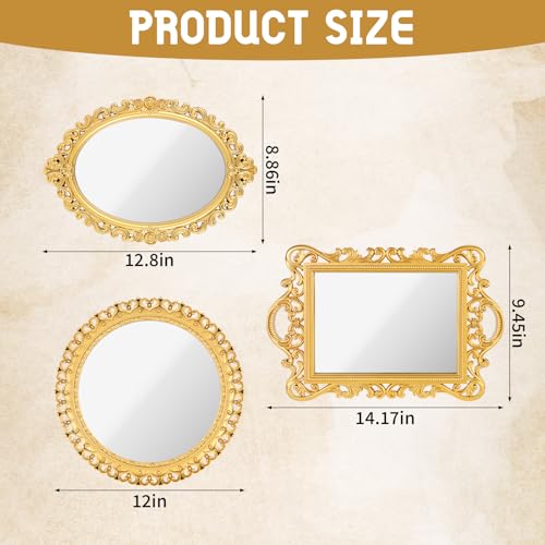 YEXEXINM 3 Styles Vintage Gold Mirror Set Decorative Antique Mirrors for Wall Hanging Vanity Table Mirrors with Stand Resin Frame Retro Mirror for Living Room, Bedroom, Dresser & Photography Decor