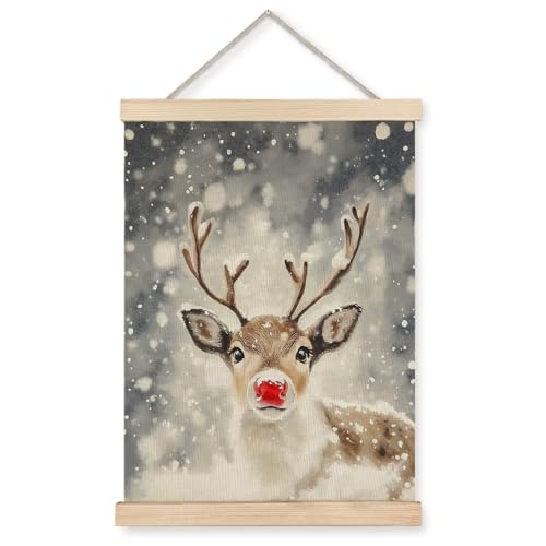 Exqcom Christmas Red Nosed Reindeer Wall Decor, Winter Christmas Reindeer Wall Art Poster, Holiday Winter Xmas Elk Deer Posters for Home Bedroom Living Room, 12x16 Inches - color: Christmas-Wall Decor-T