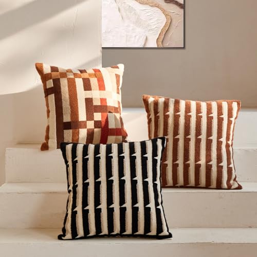 Black Cream Modern Strip Tufted Throw Pillow Covers，Neutral Textured Minimalism Chunky Pillowcases,Bohemian Mid Century Geometric Sham for Couch,1PC,18x18 Inch