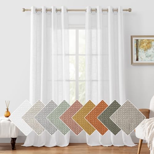 HOMEIDEAS White Linen Textured Sheer Curtains, 52 X 96 Inch, 2 Panels - color: White, size: 52"W x 96"L (Pack of 2)