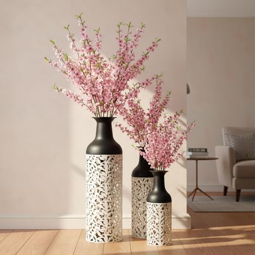 Large Tall Floor Vases: 27in Metal Floor Standing Vase, Black and White Vase with Hollowed for Living Room, Entryway, Office, Dining, Bedroom, Fireplace, Home Corner (Black and White (with Hollowed)