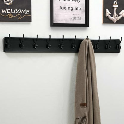 Dseap Coat Rack Wall: 38-1/4" Long, Patented, Heavy-Duty, 10-Double-Hooks Wooden Wall Mounted Coat Rack Coat Hanger Hook Rail for Winter Coats Hat Jacket Clothing, Black - color: Black, size: L=38.3"(1pcs)