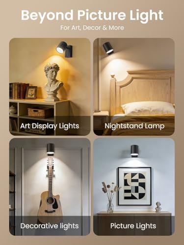 ALUSSO Battery Operated Picture Light for Wall, Rechargeable Wireless with Remote, Dimmable LED for Picture Frame, 4 Temps 9 RGB, 24° Narrow Beam Art Spotlight, 2 Pack