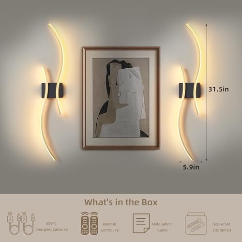 Wireless Wall Sconces Set of Two, Dimmable, 3CCT, Up to 65H Runtime - color: Black and Gold, size: 31.5 inches (2 Pack)