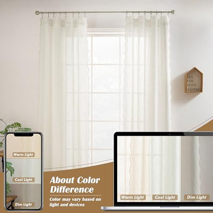 DriftAway Semi Sheer Scalloped Edge Linen Coastal Beach Window Curtains for Living Room Bedroom 2 Panels Rod Pocket Each Size 52 Inch by 63 Inch Taupe - color: Linen Taupe, size: 52"W x 63"L (Pack of 2)