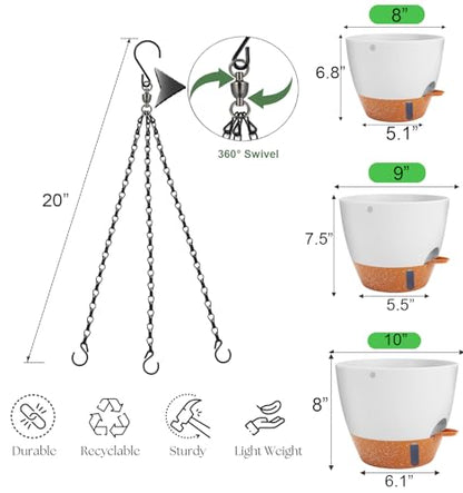 Heybe 3 Pack Self Watering Hanging Planters with Swivel Hanging Chains 20 Inches, 10/9/8 Inch Pots for Indoor Outdoor Plants, White - size: 10/9/8 Inch