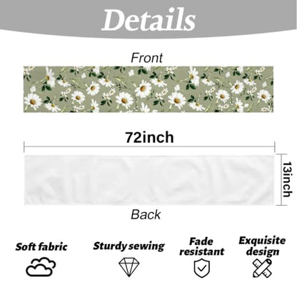 Olive Green Daisy Flowers Spring Table Runner, Table Runners 72 Inches Long - color: White Daisy