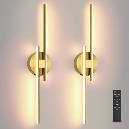 Battery Operated Wall Sconce Set of 2,Gold 23.6" 3000K-6500K LED Dimmable Wall Sconces with Remote Control,Wireless Wall Light USB Rechargeable for Bedroom Hallway Living Room Background Wall Lighting - color: Gold, size: 23.6" 2-Pack