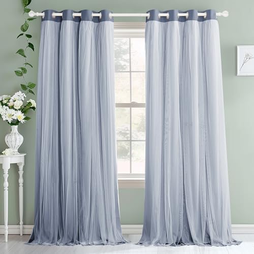 PONY DANCE Dusty Blue Blackout Curtains with White Sheer for Girls Bedroom - color: Blue Haze, size: 52"W x 72"L (Pack of 2)