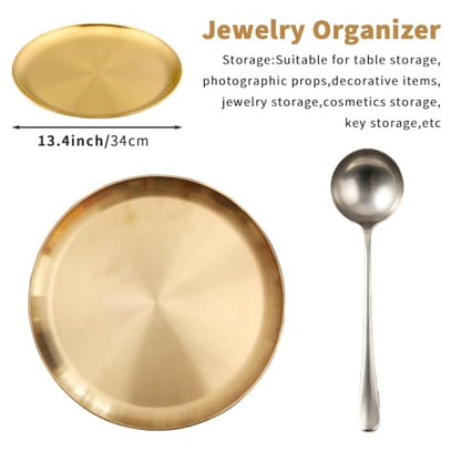 Round Brass Tray,Small Gold Decorative Tray Metal Storage Organizer Tray for Modern Home,Matte Brass Finish (34cm/13.4inch) - size: 13.4"