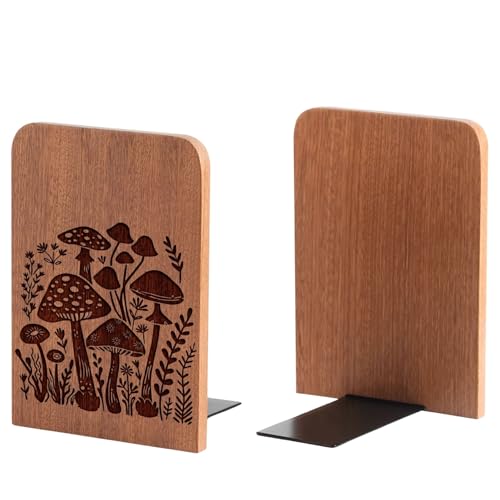 INNObeta Decorative Wooden Book Ends, Natural Bookends, Heavy Duty Bookends for Shelves Unique Design(1 Pair, 4.72x6.69 Inches) - Mushroom - color: Mushroom