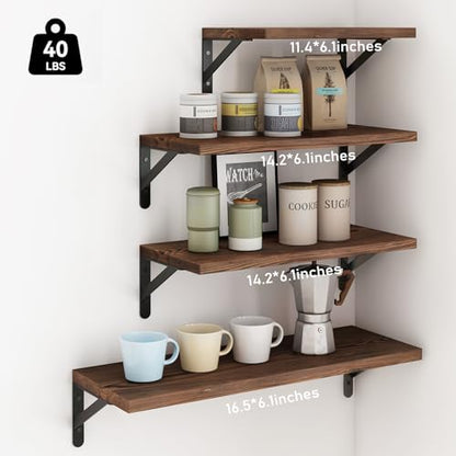 YGEOMER 4 Different Sizes Floating Shelves for Wall, Dark Carbonized Pine - color: Dark Carbonized Brown, size: 16 inches