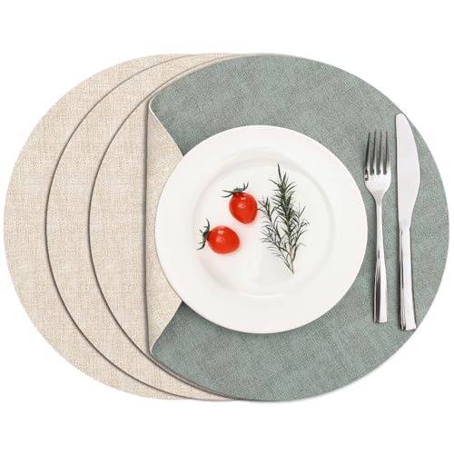 Myir JUN 14" Round Placemats Set of 4, Reversible Dual-Color Place Mats - color: Cream-white Sage Green