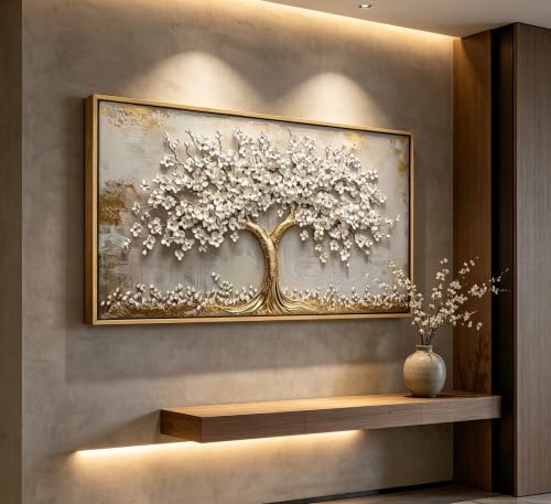 Framed 3D Texture Large Tree of Life Canvas Wall Art Gold and White Flower Big Tree Painting Picture Wall Decor Botanical Floral Poster Print Artwork for Living Room Dining Bedroom - color: White Tree Framed, size: 48"L x 24"W