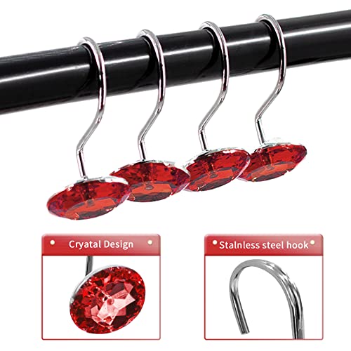 Crystal Diamond Round Shower Curtain Hooks Rings for Bathroom,Red,12PCS - color: Red