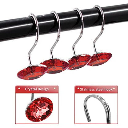 Crystal Diamond Round Shower Curtain Hooks Rings for Bathroom,Red,12PCS - color: Red