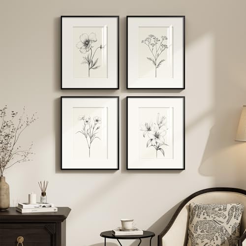 Framed Black and White Botanical Wall Art for Bathroom, 4 Piece 11x14 In - color: Black and White, size: 11" W x 14" H x 4 pcs